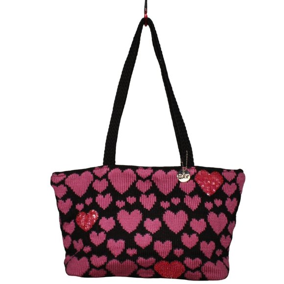 The Sak Knitted Multi Pink Blk Heart Sequined Embellished Double Strap Purse Bag - Picture 1 of 14